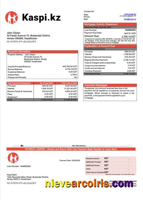 Kazakhstan Kaspi Bank mortgage statement Word and PDF template